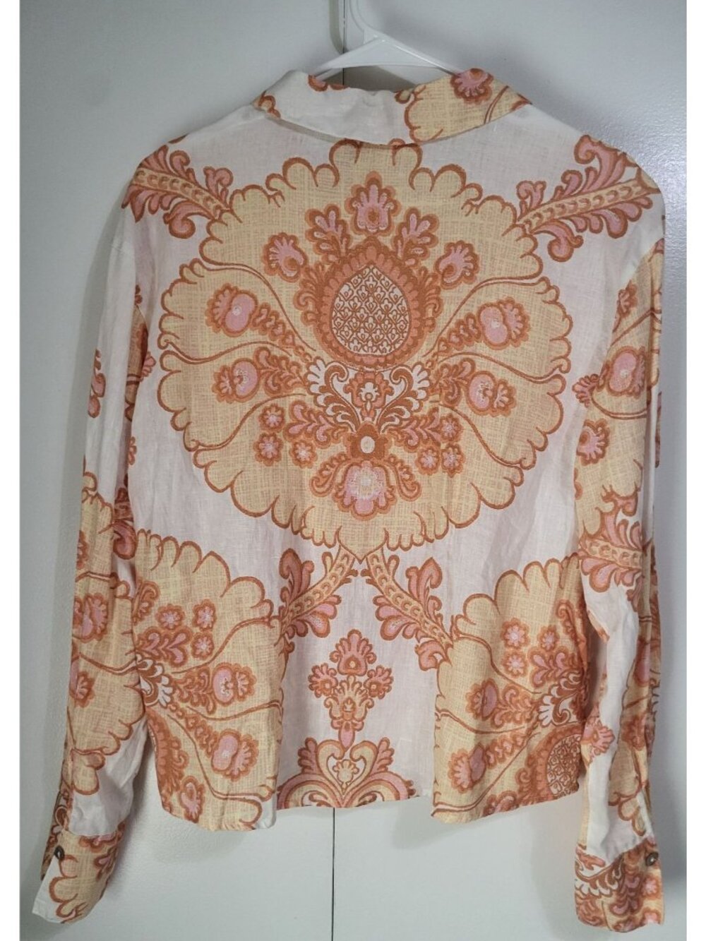 Rachel Zoe SZ M Long Sleeved V Neck Linen Boho Print Blouse Top Orange White - Picture 2 of 6